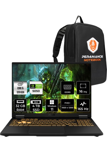 Tuf Gaming F16 Intel Core I5 13450HX 32GB 4tb SSD RTX5050/8GB 115W 16" Fhd+ 165Hz Windows 11 Pro Taşınabilir Bilgisayar & Per4 Çanta FX608JHRV010P400