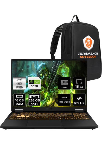 Tuf Gaming F16 Intel Core I5 13450HX 16GB 256GB SSD RTX5050/8GB 115W 16" Fhd+ 165Hz Freedos Taşınabilir Bilgisayar & Per4 Çanta FX608JHRV010P306