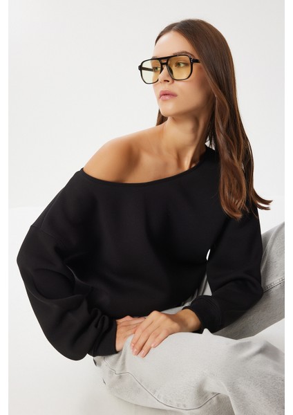 Açık Omuzlu Şardonlu Örme Sweatshirt LAN0076 Siyah