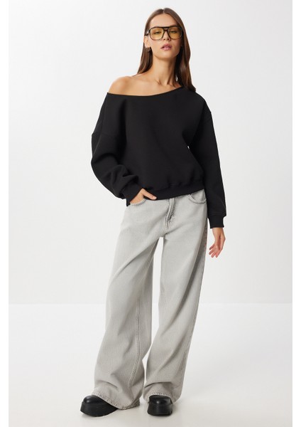 Açık Omuzlu Şardonlu Örme Sweatshirt LAN0076 Siyah fiyatları