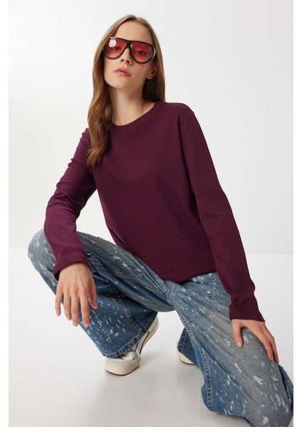 Basic Pamuklu Örme Bluz LUB0271 Mürdüm