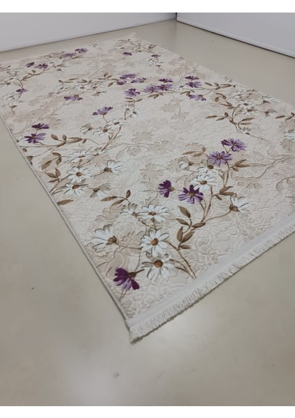 Elit Saçaklı Lial Kahve Çiçekli Kabartmalı Kaymaz Taban Yıkanabilir Kesme Yolluk Halı indirimleri