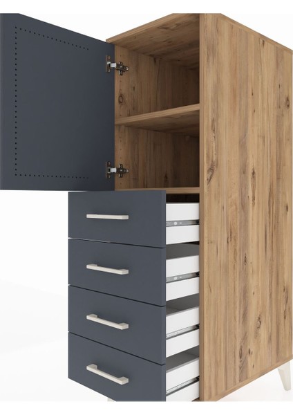 Kronos Dolap 2 Raflı 4 Çekmeceli Tek Kapaklı 44X59X134 Çam-Antrasit indirimleri