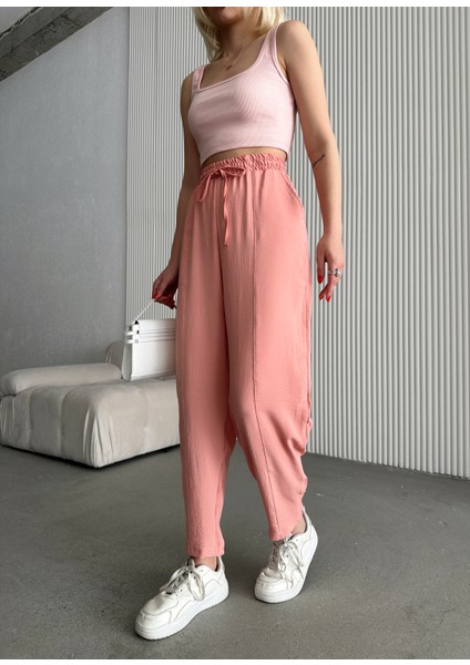 Kadın Pembe Belden Lastikli Cepli Ayrobin Şalvar Pantolon modelleri