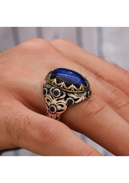 Kaplangözü Mavi Taşlı 925 Ayar Gümüş Erkek Yüzük