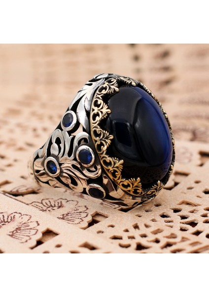 Kaplangözü Mavi Taşlı 925 Ayar Gümüş Erkek Yüzük fiyatları
