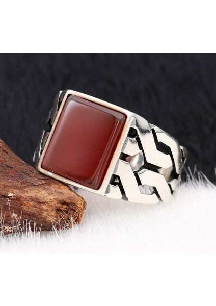 Zincir Tasarım Akik Taşlı Gümüş Erkek Yüzük