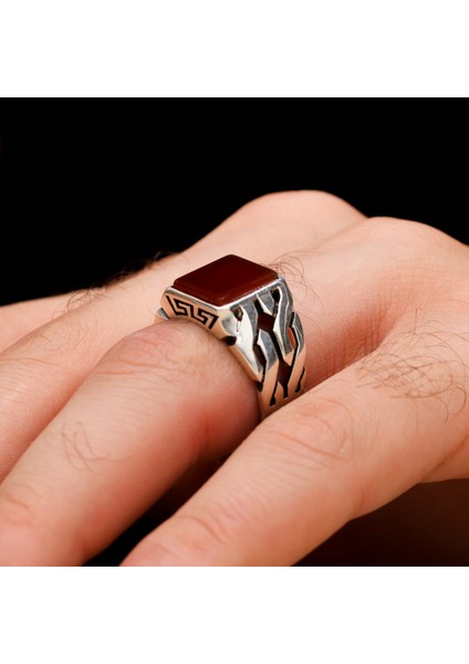 Zincir Tasarım Akik Taşlı Gümüş Erkek Yüzük fırsatları