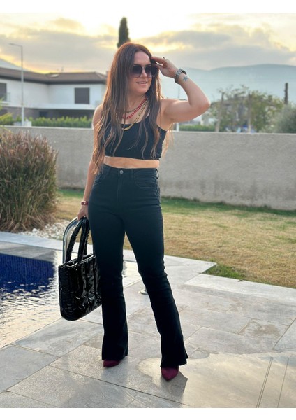 Siyah Ispanyol Paça Pantolon