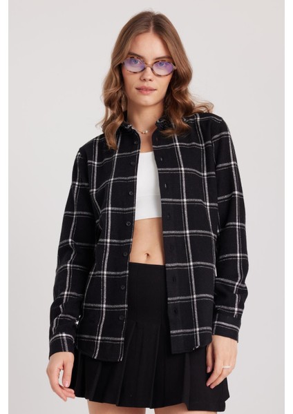 Kadın Slim Fit Dar Kesim Uzun Kollu Kareli Kışlık Oduncu Gömlek