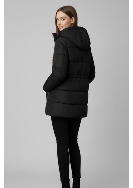 Kürk Kapüşonlu Uzun Şişme Mont M0160 Siyah indirimleri