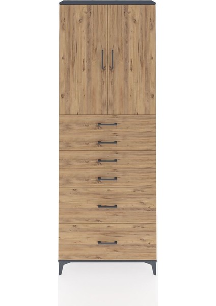 Arges Dolap 3 Raflı 6 Çekmeceli 2 Kapaklı 88X30X243 Antrasit-Çam