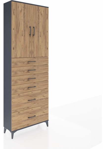 Arges Dolap 3 Raflı 6 Çekmeceli 2 Kapaklı 88X30X243 Antrasit-Çam fiyatları