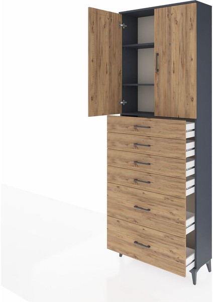 Arges Dolap 3 Raflı 6 Çekmeceli 2 Kapaklı 88X30X243 Antrasit-Çam fırsatları