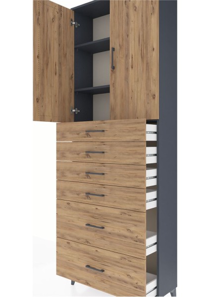 Arges Dolap 3 Raflı 6 Çekmeceli 2 Kapaklı 88X30X243 Antrasit-Çam indirimleri
