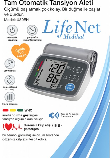 Lifenet U80EH Tam Otomatik Tansiyon Aleti Geniş LCD Ekranlı, Türkçe Konuşan, Kol Tipi Dijital Tansiyon Ölçer 2yıl Garantili indirimleri