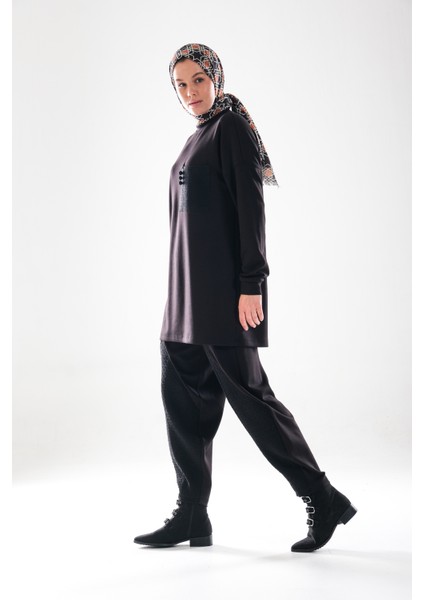 2289_KADIN Tüvit Garni, Bisiklet Yaka Tesettür Tunik Şalvar Takım –cepli, Aksesuarlı, Harem Pantolon