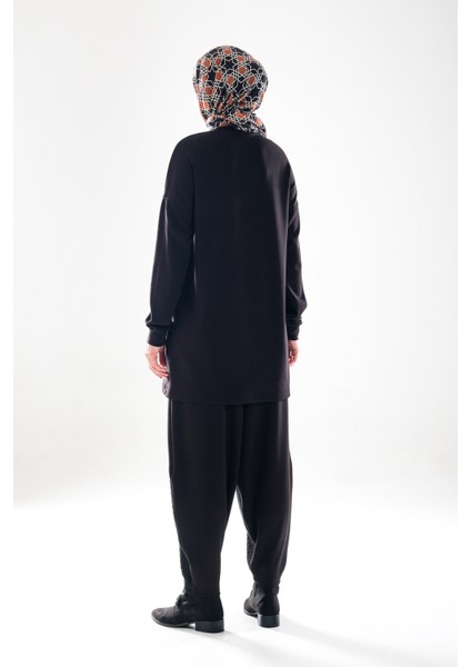 2289_KADIN Tüvit Garni, Bisiklet Yaka Tesettür Tunik Şalvar Takım –cepli, Aksesuarlı, Harem Pantolon