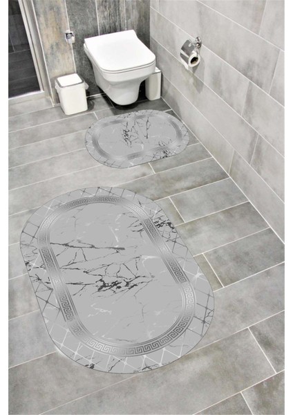 Su Emici Yumuşak Kaymaz Sünger Dolgulu Yıkanabilir Dekoratif Banyo Paspası Takımı 1056AJDAGÜMÜŞ Oval