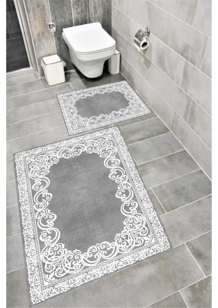 Kaymaz Tabanlı Suya Dayanıklı Dijital Baskılı Banyo Paspası Takımı | Bordo Halı 1679