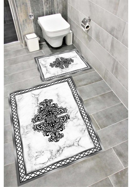 Kaymaz Tabanlı Suya Dayanıklı Dijital Baskılı Banyo Paspası Takımı | Bordo Halı 1400