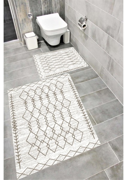 Kaymaz Tabanlı Suya Dayanıklı Dijital Baskılı Banyo Paspası Takımı | Bordo Halı 1658