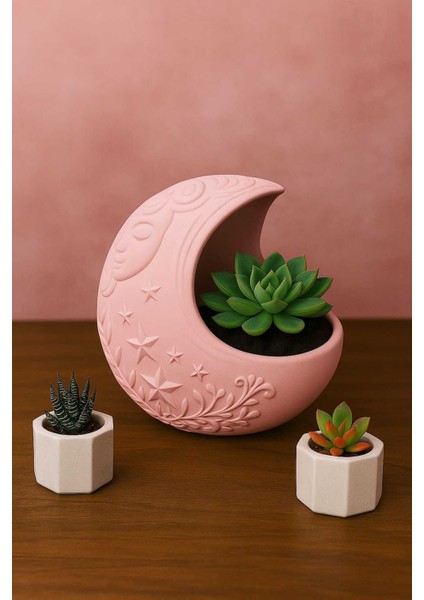 3'lü El Yapımı Saksı Seti Handmade Taş Tozu Dolunay Takı Standı Sukulent Mumluk Dekoratif Biblo 8 cm