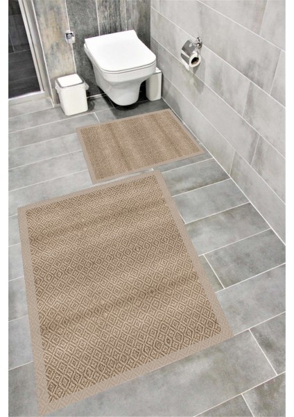 Kaymaz Tabanlı Suya Dayanıklı Dijital Baskılı Banyo Paspası Takımı | Bordo Halı 1677