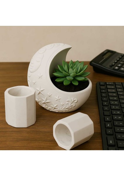 3'lü El Yapımı Saksı - Handmade Taş Tozu Dolunay Takı Standı Sukulent Mumluk Dekoratif Biblo 8 cm