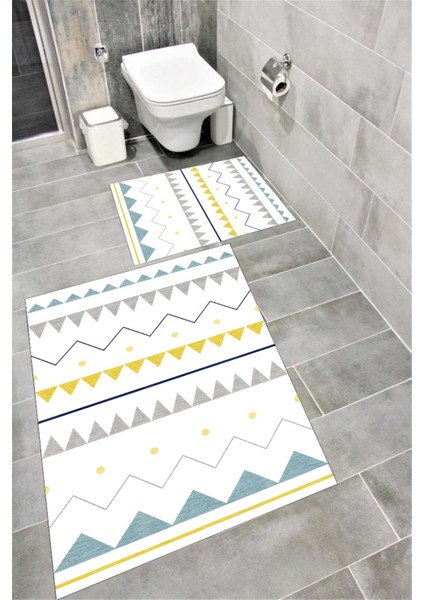 Kaymaz Tabanlı Suya Dayanıklı Dijital Baskılı Banyo Paspası Takımı | Bordo Halı 1646