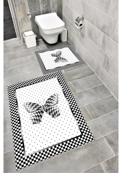 Su Emici Yumuşak Kaymaz Taban Sünger Dolgulu Yıkanabilir Dekoratif Banyo Paspası Takımı 1204KELEBEK