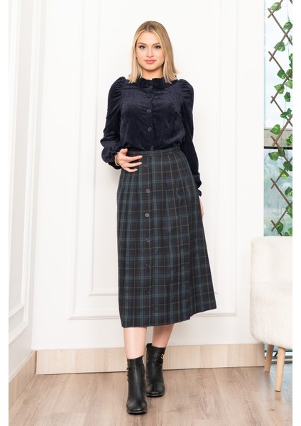 Kadife Gömlek Fırfır Yaka Detaylı ve Ekose Düğme Detaylı Etek 1280