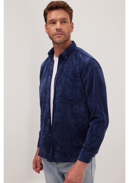 Erkek Regular Fit Rahat Kesim Fitilli Kadife Görünüm Düğmeli Yaka Indigo Ceket Gömlek