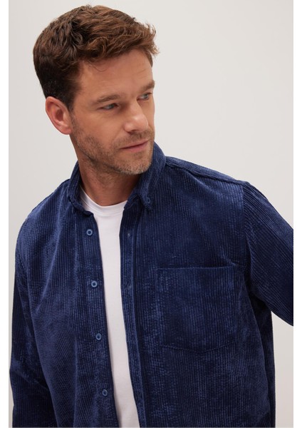 Erkek Regular Fit Rahat Kesim Fitilli Kadife Görünüm Düğmeli Yaka Indigo Ceket Gömlek fiyatları