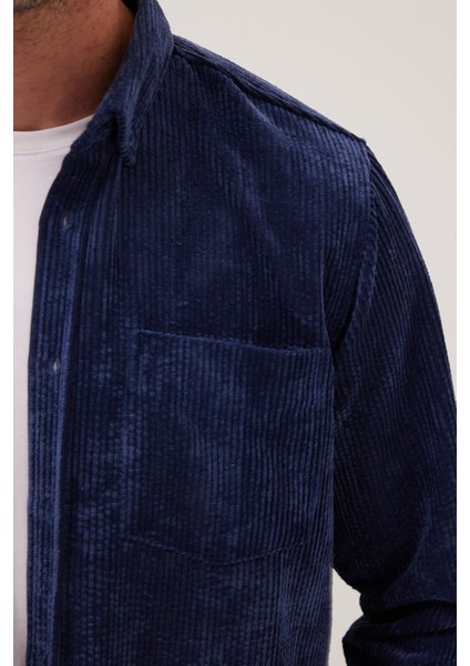 Erkek Regular Fit Rahat Kesim Fitilli Kadife Görünüm Düğmeli Yaka Indigo Ceket Gömlek modelleri