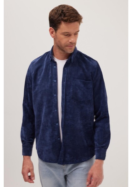 Erkek Regular Fit Rahat Kesim Fitilli Kadife Görünüm Düğmeli Yaka Indigo Ceket Gömlek fırsatları