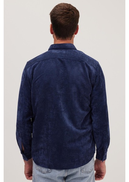 Erkek Regular Fit Rahat Kesim Fitilli Kadife Görünüm Düğmeli Yaka Indigo Ceket Gömlek