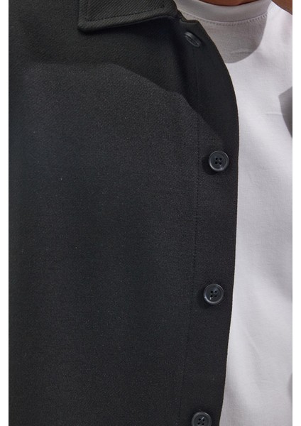 Erkek Relax Fit Rahat Kesim Uzun Kollu Düz Örme Kumaş Yandan Yırtmaçlı Siyah Gömlek modelleri