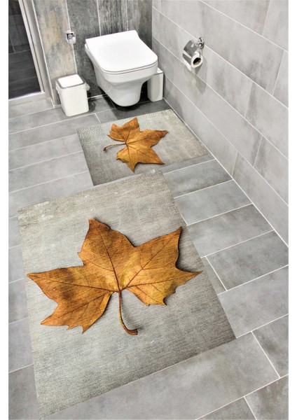 Kaymaz Tabanlı Suya Dayanıklı Dijital Baskılı Banyo Paspası Takımı | Bordo Halı 1617