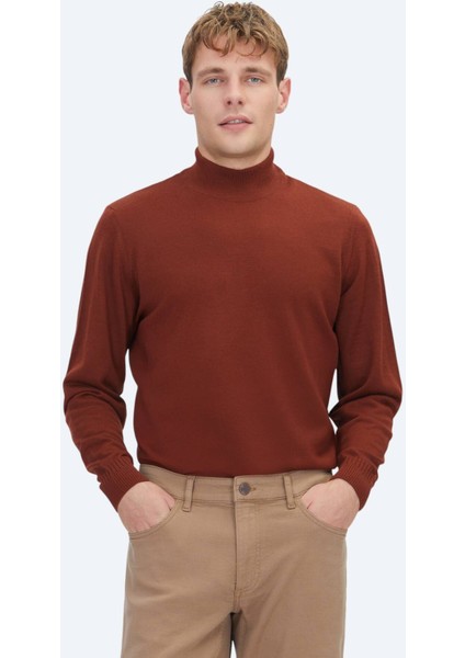 Kiremit Yarım Balıkçı Yaka Jakarlı Yün Karışımlı Triko Kazak