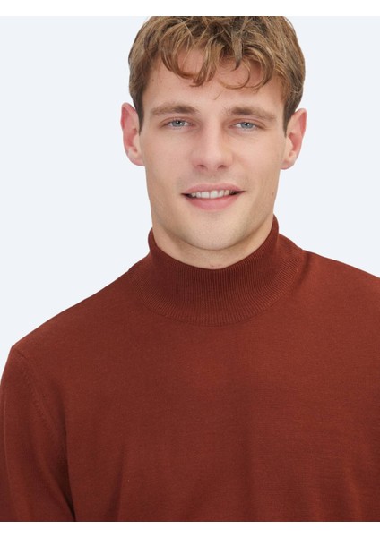 Kiremit Yarım Balıkçı Yaka Jakarlı Yün Karışımlı Triko Kazak modelleri