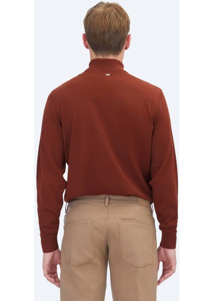 Kiremit Yarım Balıkçı Yaka Jakarlı Yün Karışımlı Triko Kazak indirimleri