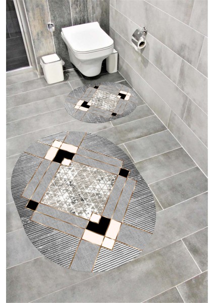 Su Emici Yumuşak Kaymaz Taban Sünger Dolgulu Yıkanabilir Dekoratif Banyo Paspası Takımı Repatooval