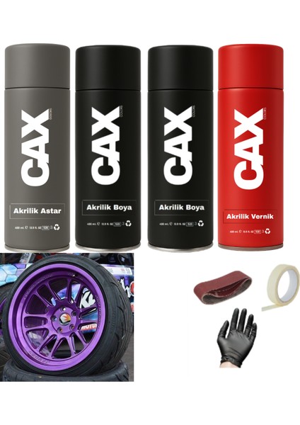 Metalik Koyu Mor Araba Jant Sprey Akrilik Özel Yapım Sprey Boya Seti 400 ml Bant-Zımpara-Eldiven