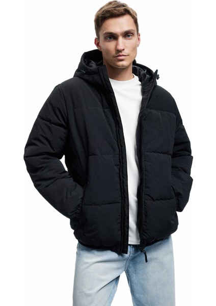 Uzun Kollu Cep Detaylı Fermuarlı Kapşonlu Şişme Mont fiyatları