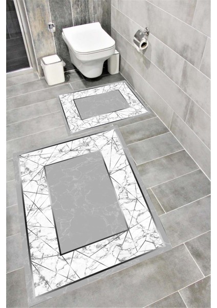 Kaymaz Tabanlı Suya Dayanıklı Dijital Baskılı Banyo Paspası Takımı | Bordo Halı 1667