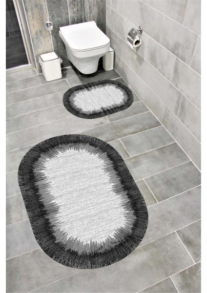 Su Emici Yumuşak Kaymaz Taban Sünger Dolgulu Yıkanabilir Dekoratif Banyo Paspası Takımı 1165GRİOVAL