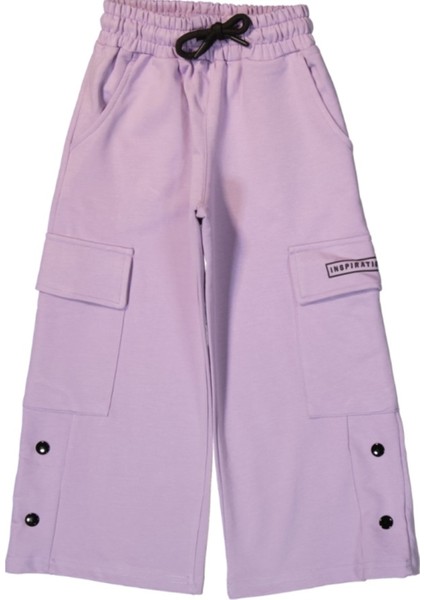 Kız Çocuk Çıtçıt Düğme Detaylı Çift Kargo Cepli Bol Paça Model Lila Renk Eşofman Altı