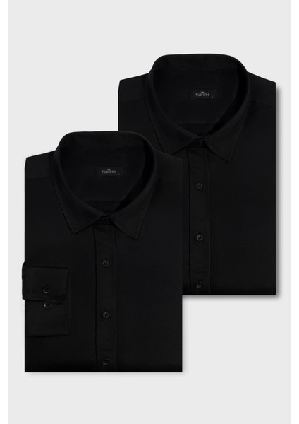 2'li Paket Siyah Slim Fit Kolay Ütü Teri Emen Nefes Alan Doku Dört Mevsim Erkek Gömlek