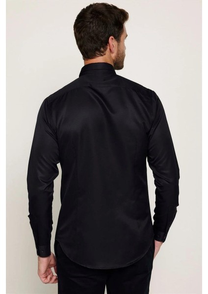 2'li Paket Siyah Slim Fit Kolay Ütü Teri Emen Nefes Alan Doku Dört Mevsim Erkek Gömlek